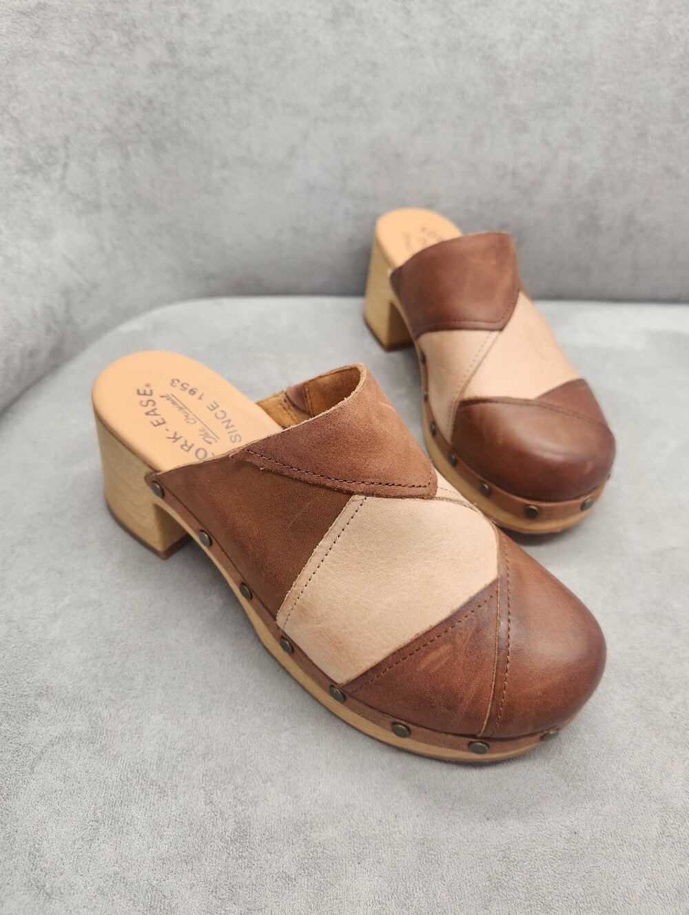 Kork-Ease Clogs 7 Brown Tan Leather Tay Patchwork Mules Scandinavian New $160 - Picture 5 of 16